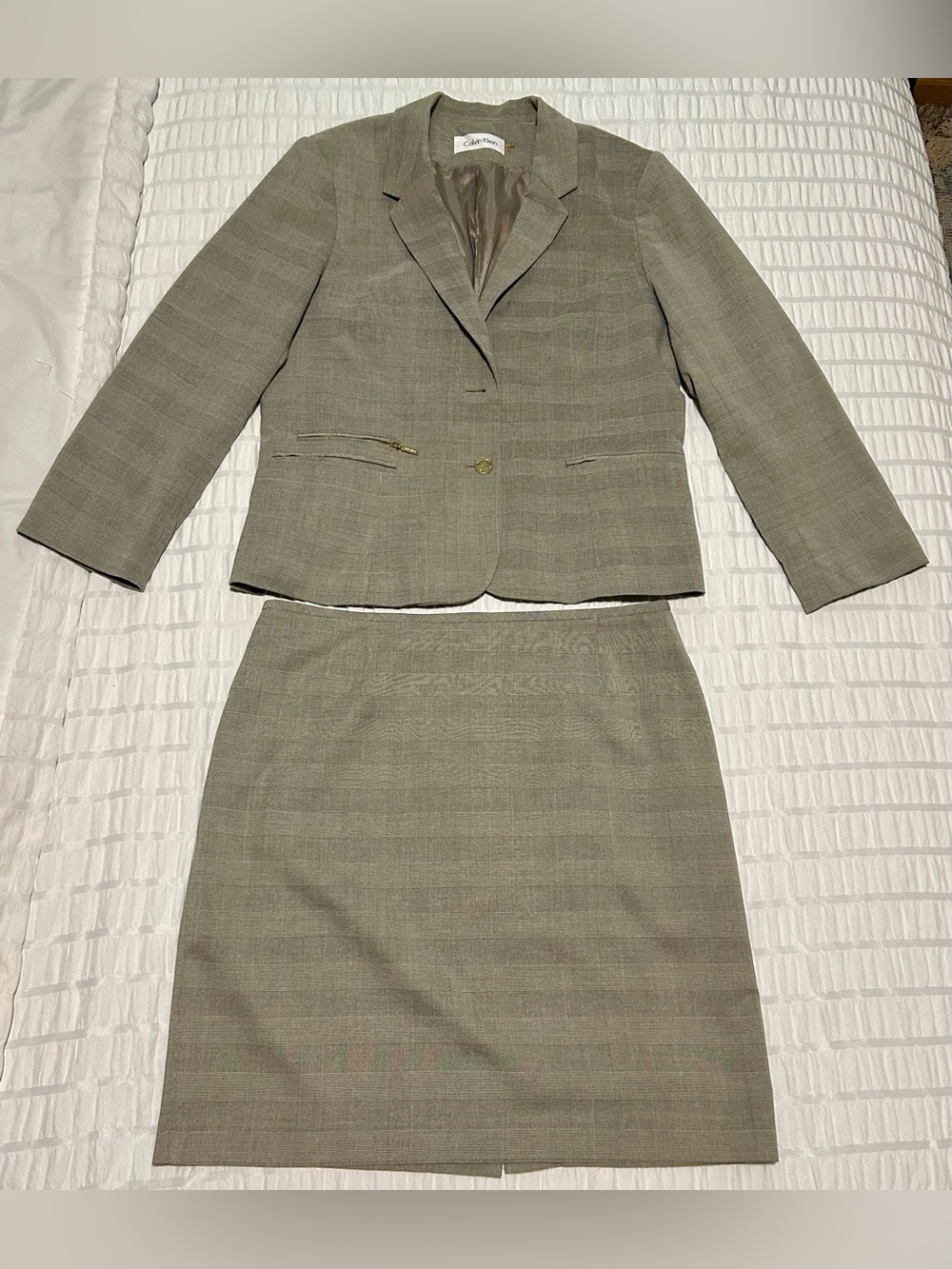 Calvin Klein Grey-Taupe Plaid Two-Piece Skirt Suit